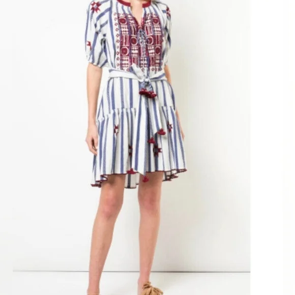 Figue Bria Cotton Tassel Boho Mini Dress Sz S Blue White Burgundy - Picture 2 of 16